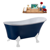  N371 63'' Vintage Oval Soaking Clawfoot Bathtub, Dark Blue Exterior, White Interior, White Clawfoot, Chrome Drain, with Bamboo Tray