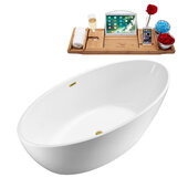  N420 62.6 Modern Oval Soaking Freestanding Bathtub, White Exterior, White Interior, Gold Internal Drain, with Bamboo Tray