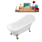  N480 61'' Vintage Oval Soaking Clawfoot Tub, White Exterior, White Interior, Brushed Nickel Clawfoot, Gold Drain, w/ Bamboo Tray