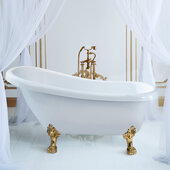  N480 61'' Vintage Oval Soaking Clawfoot Bathtub, White Exterior, White Interior, Gold Clawfoot, Gold Internal Drain, with Bamboo Tray