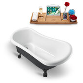  N481 61'' Vintage Oval Soaking Clawfoot Bathtub, Black Exterior, White Interior, Black Clawfoot, Gold Drain, with Bamboo Tray