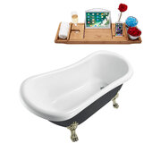  N481 61'' Vintage Oval Soaking Clawfoot Tub, Black Exterior, White Interior, Brushed Nickel Clawfoot, Gold Drain, w/ Bamboo Tray