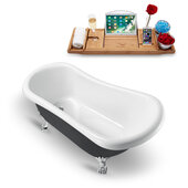  N481 61'' Vintage Oval Soaking Clawfoot Bathtub, Black Exterior, White Interior, Chrome Clawfoot, Gold Drain, with Bamboo Tray