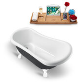  N481 61'' Vintage Oval Soaking Clawfoot Bathtub, Black Exterior, White Interior, White Clawfoot, Gold Drain, with Bamboo Tray