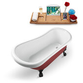  N482 61'' Vintage Oval Soaking Clawfoot Bathtub, Red Exterior, White Interior, Black Clawfoot, Gold Internal Drain, with Bamboo Tray
