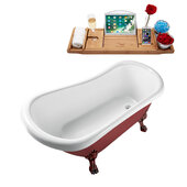  N482 61'' Vintage Oval Soaking Clawfoot Tub, Red Exterior, White Interior, Oil Rubbed Bronze Clawfoot, Gold Drain, w/ Bamboo Tray