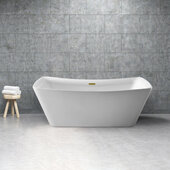  N541 67'' Modern Rectangle Soaking Freestanding Bathtub, White Exterior, White Interior, Gold Internal Drain, with Bamboo Tray