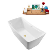  N550 62'' Modern Rectangle Soaking Freestanding Bathtub, White Exterior, White Interior, Gold Internal Drain, with Bamboo Tray