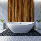  N581 67'' Modern Oval Soaking Freestanding Bathtub, White Exterior, White Interior, Black Internal Drain, with Bamboo Tray