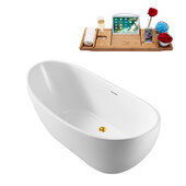  N590 62'' Modern Oval Soaking Freestanding Bathtub, White Exterior, White Interior, Gold Internal Drain, with Bamboo Tray