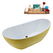  N591 62'' Modern Oval Soaking Freestanding Bathtub, Yellow Exterior, White Interior, Oil Rubbed Bronze Drain, with Bamboo Tray