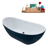  N593 62'' Modern Oval Soaking Freestanding Bathtub, Light Blue Exterior, White Interior, Black Internal Drain, with Bamboo Tray