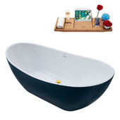 N593 62'' Modern Oval Soaking Freestanding Bathtub, Light Blue Exterior, White Interior, Gold Internal Drain, with Bamboo Tray