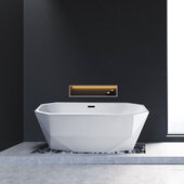  N620 63'' Modern Octagon Soaking Freestanding Bathtub, White Exterior, White Interior, Black Internal Drain, with Bamboo Tray