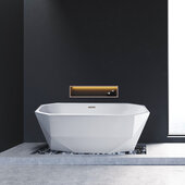  N621 59'' Modern Oval Soaking Freestanding Bathtub, White Exterior, White Interior, Brushed Nickel Internal Drain, with Bamboo Tray