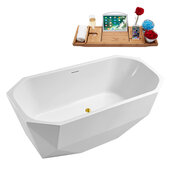 N630 63'' Modern Octagon Soaking Freestanding Bathtub, White Exterior, White Interior, Gold Internal Drain, with Bamboo Tray