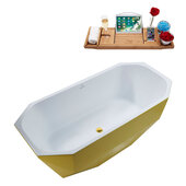  N631 63'' Modern Octagon Soaking Freestanding Bathtub, Yellow Exterior, White Interior, Gold Internal Drain, with Bamboo Tray