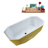  N631 63'' Modern Octagon Soaking Freestanding Bathtub, Yellow Exterior, White Interior, Oil Rubbed Bronze Drain, with Bamboo Tray