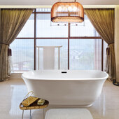 N660 59'' Modern Oval Soaking Freestanding Bathtub, White Exterior, White Interior, Black Internal Drain, with Bamboo Tray