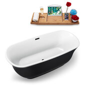 N663 67'' Modern Oval Soaking Freestanding Bathtub, Black Exterior, White Interior, Black Internal Drain, with Bamboo Tray