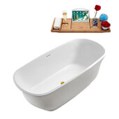  N670 59'' Modern Oval Soaking Freestanding Bathtub, White Exterior, White Interior, Gold Internal Drain, with Bamboo Tray