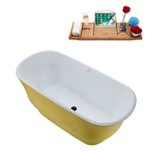  N671 59'' Modern Oval Soaking Freestanding Bathtub, Yellow Exterior, White Interior, Black Internal Drain, with Bamboo Tray
