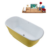  N671 59'' Modern Oval Soaking Freestanding Bathtub, Yellow Exterior, White Interior, Nickel Internal Drain, with Bamboo Tray