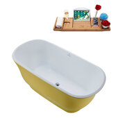  N671 59'' Modern Oval Soaking Freestanding Bathtub, Yellow Exterior, White Interior, Chrome Internal Drain, with Bamboo Tray