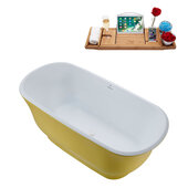  N671 59'' Modern Oval Soaking Freestanding Bathtub, Yellow Exterior, White Interior, White Internal Drain, with Bamboo Tray