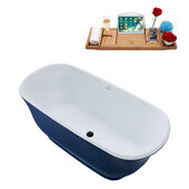  N675 59'' Modern Oval Soaking Freestanding Bathtub, Dark Blue Exterior, White Interior, Black Internal Drain, with Bamboo Tray