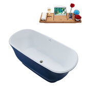  N675 59'' Modern Oval Soaking Freestanding Bathtub, Dark Blue Exterior, White Interior, Nickel Internal Drain, with Bamboo Tray