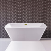  N681 67'' Modern Rectangle Soaking Freestanding Bathtub, White Exterior, White Interior, Gold Internal Drain, with Bamboo Tray