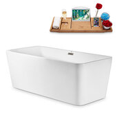  N682 63'' Modern Rectangular Soaking Freestanding Bathtub, White Exterior, White Interior, Brushed Nickel Drain, with Bamboo Tray