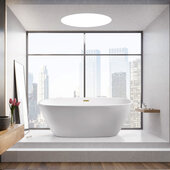  N700 59'' Modern Oval Soaking Freestanding Bathtub, White Exterior, White Interior, Gold Internal Drain, with Bamboo Tray