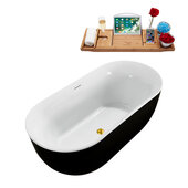  N811 59'' Modern Oval Soaking Freestanding Bathtub, Black Exterior, White Interior, Gold Internal Drain, with Bamboo Tray