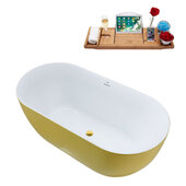  N812 59'' Modern Oval Soaking Freestanding Bathtub, Yellow Exterior, White Interior, Gold Internal Drain, with Bamboo Tray
