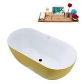  N812 59'' Modern Oval Soaking Freestanding Bathtub, Yellow Exterior, White Interior, Oil Rubbed Bronze Drain, with Bamboo Tray