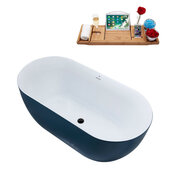  N814 59'' Modern Oval Soaking Freestanding Bathtub, Light Blue Exterior, White Interior, Black Internal Drain, with Bamboo Tray