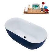  N815 59'' Modern Oval Soaking Freestanding Bathtub, Dark Blue Exterior, White Interior, Black Internal Drain, with Bamboo Tray
