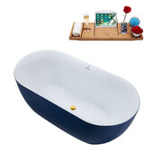  N815 59'' Modern Oval Soaking Freestanding Bathtub, Dark Blue Exterior, White Interior, Gold Internal Drain, with Bamboo Tray