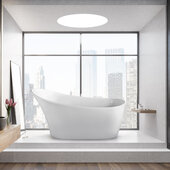  N821 63'' Modern Oval Soaking Freestanding Bathtub, White Exterior, White Interior, Gold Internal Drain, with Bamboo Tray