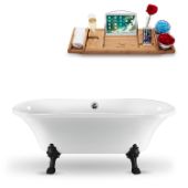  68'' Oval Soaking Tub In White With Black Clawfoot, Included Chrome External Drain and FREE Natural Bamboo Wooden Tray, 68''W x 33-7/8''D x 26-3/8''H