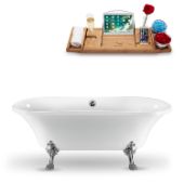  68'' Oval Soaking Tub In White With Chrome Clawfoot, Included Chrome External Drain and FREE Natural Bamboo Wooden Tray, 68''W x 33-7/8''D x 26-3/8''H