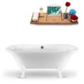  68'' Oval Soaking Tub In White With White Clawfoot, Included Chrome External Drain and FREE Natural Bamboo Wooden Tray, 68''W x 33-7/8''D x 26-3/8''H