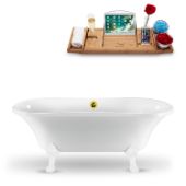  68'' Oval Soaking Tub In White With White Clawfoot, Included Gold External Drain and FREE Natural Bamboo Wooden Tray, 68''W x 33-7/8''D x 26-3/8''H
