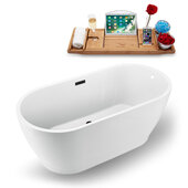  N880 59'' Modern Oval Soaking Freestanding Bathtub, White Exterior, White Interior, Black Internal Drain, with Bamboo Tray