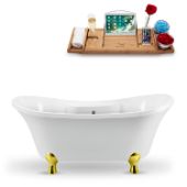  60'' Oval Soaking Tub In White With Gold Clawfoot, Included Chrome External Drain and FREE Natural Bamboo Wooden Tray, 60''W x 32''D x 26-13/16''H