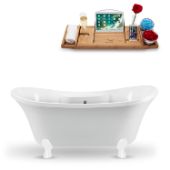  60'' Oval Soaking Tub In White With White Clawfoot, Included Chrome External Drain and FREE Natural Bamboo Wooden Tray, 60''W x 32''D x 26-13/16''H