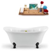  68'' Oval Soaking Tub In White With Black Clawfoot, Included Gold External Drain and FREE Natural Bamboo Wooden Tray, 68''W x 34''D x 26-13/16''H