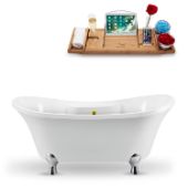  68'' Oval Soaking Tub In White With Chrome Clawfoot, Included Gold External Drain and FREE Natural Bamboo Wooden Tray, 68''W x 34''D x 26-13/16''H